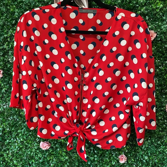Cherry red blouse w Navy and White polka dots - Picture 2 of 3